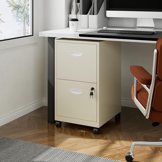 Polup 2 Drawer Rolling File Cabinet with Lock for Home Office | Metal Mobile Filing Cabinet on Wheels, Small Under Desk Storage, Fits Hanging Letter Size, Printer Stand, Cream