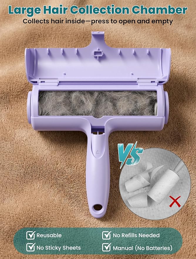 DELOMO Pet Hair Remover Roller, Reusable Lint Roller for Dog and Cat Hair | Portable Pet Hair Roller with Large Fur Bin, Fast Cleaning for Couches, Bedding, Rugs, Car Seats and Furniture, No Batteries