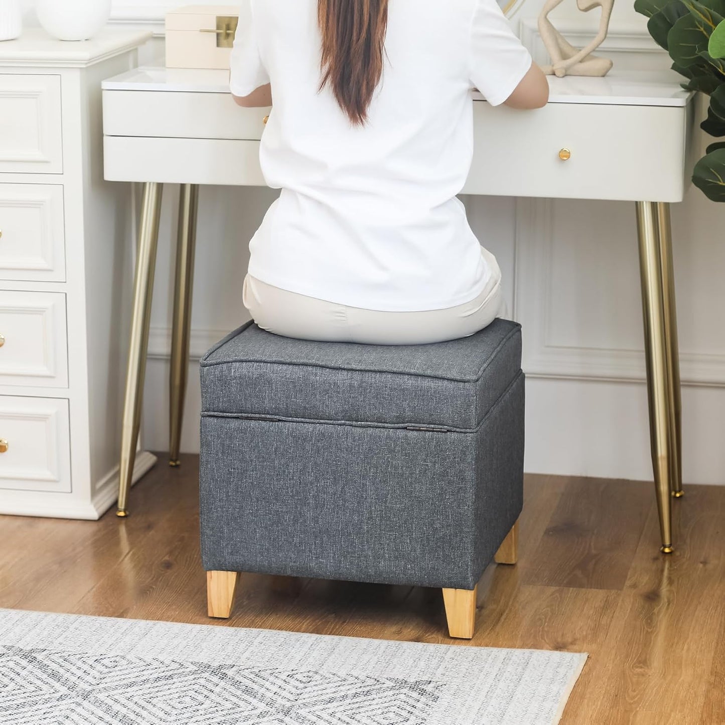 Adeco 17.5" Square Fabric Ottoman with Storage, Upholstered Cotton Linen Foot Rest, Flip Top Footstool, Small Cube Coffee Table Extra Seat for Living Room, Bedroom, Grey with Burlywood Legs