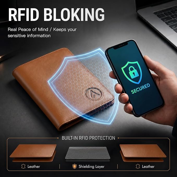 ALLIVE RFID Blocking Passport Holder for Travel, Genuine Leather Passport Holder with AirTag Slot, Magnetic Closure Passport Cover Travel Wallet for Women Men, Travel Essentials Gifts (Caramel)