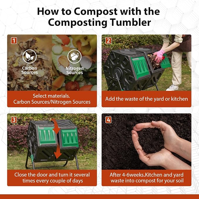 Compost Bin, 37-Gal Dual Chamber Composter Tumbler, Black Green | Steel Frame with 2 Sliding Door and Aeration System, 360° Rotating, Tumbling Composting Bin for Kitchen, Garden, Yard