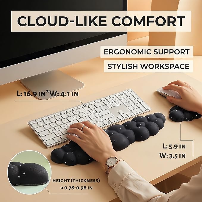 Silky Cloud Wrist Rest Set for Keyboard & Mouse, 16.9", Black Star | Memory Foam Arm Rest with Ergonomic Support Fits Full Keyboards and Reduces Typing Fatigue for Office, Gaming and Home Use