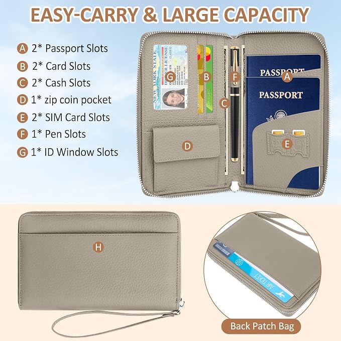 RFID Passport Holder for Travel Family with Coin Pocket,E-Grey | Leather Passport Cover for 2, Travel Document Organizer with Wrist Strap & 24 Card Slots, for Women Men