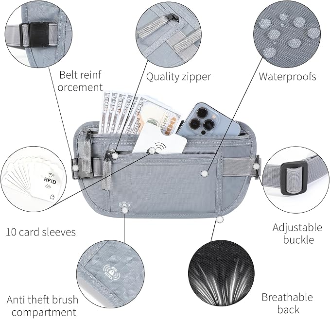 Money Belt for Travel, RFID Blocking, Hidden Money Belt, Passport Holder for Travel (Grey)