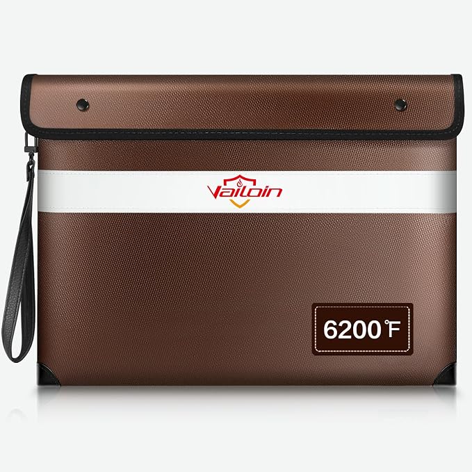 Vailoin 6200°F Fireproof Document Bag, 8 Layers of Heat Insulated Materials | Double-sided Reflective Strip, Waterproof Zipper,Certified to SGS UL94 V-1, for Tablet, Cash, A4-sized documents（Brown）