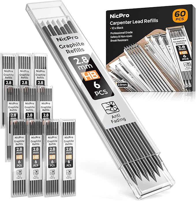 Nicpro Carpenter Pencil Lead Refills 2.8mm, 60 Pieces Black | Lead Refill for Mechanical Carpenter Pencil, Break Resistant 2.8 mm Leads for Construction Pencils, Work on Various Surfaces