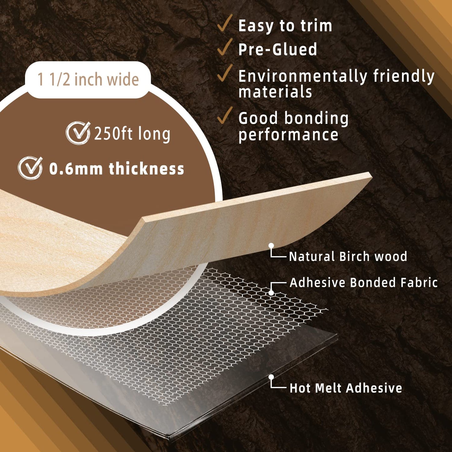 GSCIT Club Birch Edge Banding, 1 1/2 inch x 250ft roll of Veneer Plywood Edge Banding Preglued Flexible, Wood Tape Banding for Cabinet Repair