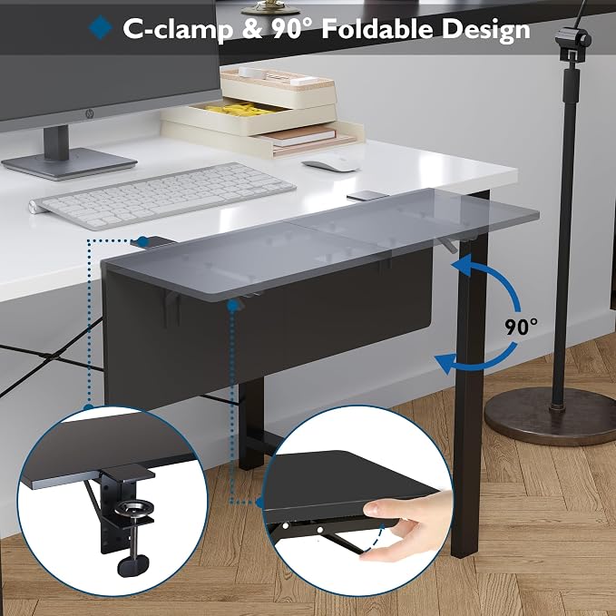 BONTEC Ergonomics Desk Extender Tray, 27.2 x 9.5 Inch, Black Carbon Fiber | 90° Foldable Keyboard Tray Platform, Table Mount Arm Rest Shelf, Clamp on Computer Arm Rest for Office Use