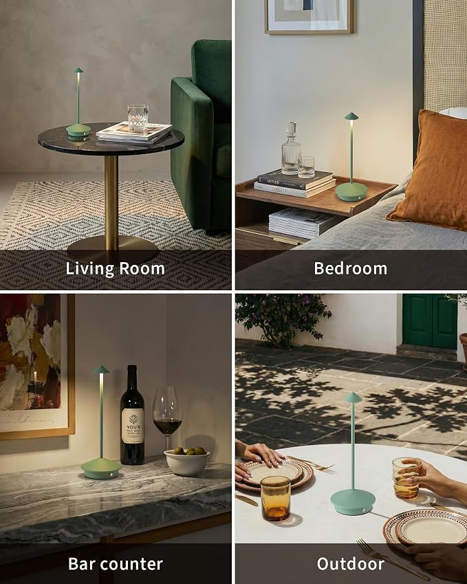 Modern Cordless Table Lamp Set of 2, Green Portable LED Desk Lamps | 4000mAh, Rechargeable, Battery Operated Lighting for Bedroom, Dining Room, Restaurant, Coffee Shop, Camping, Night Light