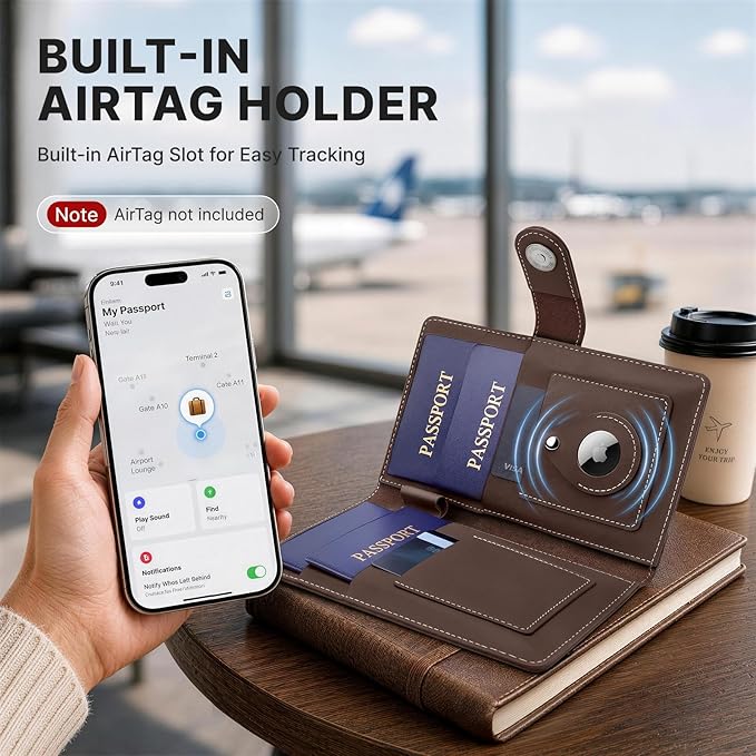 ALLIVE Family Passport Holder, Rfid Blocking Passport Wallet with AirTag Slot, Genuine Leather Travel Document Organizer for Women & Men, Airport Essentials, Travel Gift (Coffee Brown)