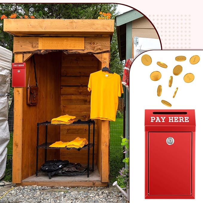 Yaocom Safe Metal Cash Box for Farm Stand – Money Drop and Secure Donation Collection, Wall Mount Lockable Unit with Pre Drilled Holes for Outdoor Self Serve(Red,10.2 x 5.7 x 2.8 Inch)