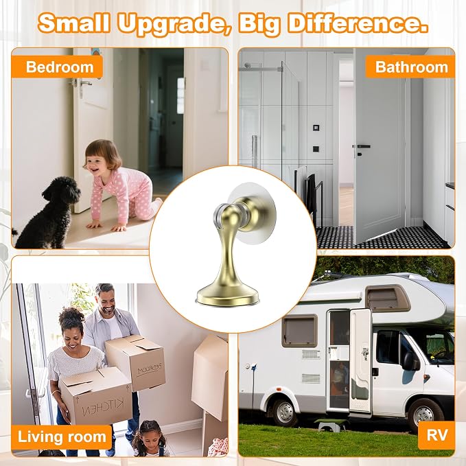 Crosize Magnetic Door Stoppers 4 Pack, Stainless Steel Door Stops for Wall and Floor Mounting, Gate Stops, No Drilling Metal Doorstops with Adhesive Tapes, Gold