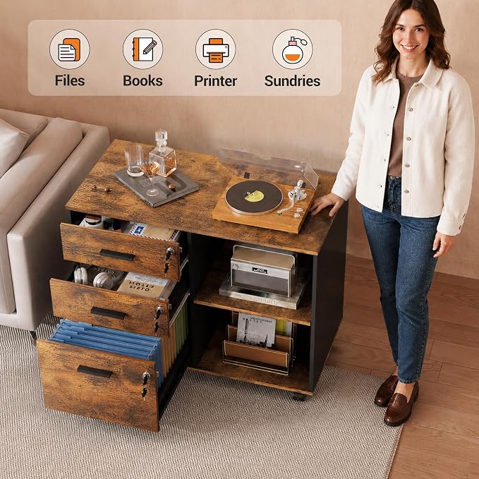 DEVAISE 3-Drawer File Cabinet with Lock, Wood Filing Cabinet, Rustic Brown | Rolling Printer Stand, Office Cabinet, Open Storage Shelves, Letter & A4 Compatible, Home Office, Under Desk Storage