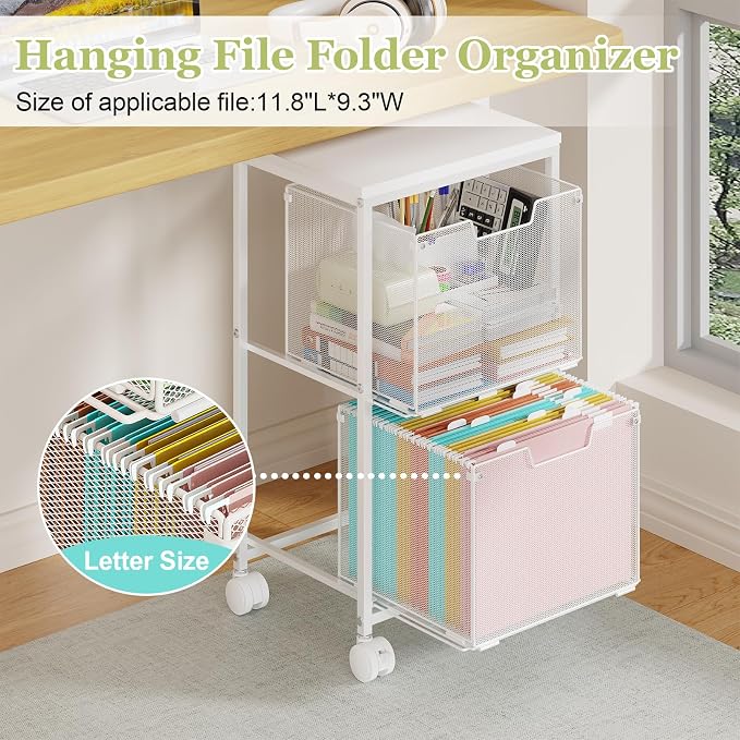 Rolling File Cart with 2 Storage Drawers,Under Desk Storage Cart | Hanging File Folder Organizer with Wheels, Filing Cabinet Mobile Printer Stand Utility Craft Cart for Home Office,White