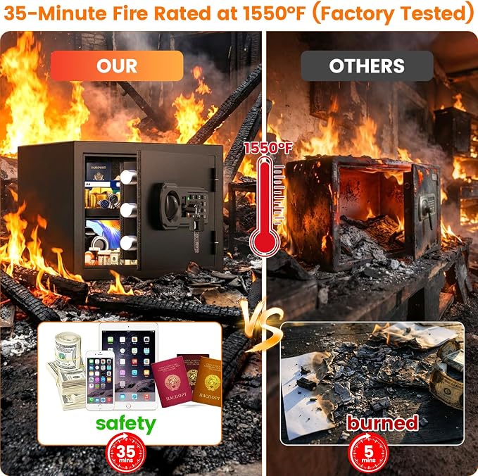 Small Fireproof Safe Box | 1550℉ 35-Min Real Test Fire Safe | 1.2 Cuft Safe | 22Lbs Heavy Fire Money Safe | 3 Quick Access Unlock & Removable Shelf | Anti-Theft Alarm & Wall Mount | for Home Office Cash