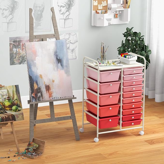 GLACER 15 Drawers Rolling Storage Cart, Steel Frame Craft Organizer Cart | Utility Cart w/Lockable Wheels & Sleek Handle, Mobile Art & Tool Supply Trolley for Teacher, Home, School, Office (Pink)