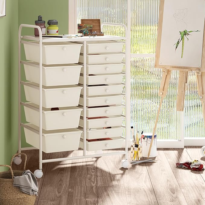 COSTWAY 15 Drawer Rolling Storage Cart, Mobile Storage Organizer | Removable Drawers & Metal Frame, Multipurpose Utility Tools Paper Organizer on Wheels for Home, Office (White)