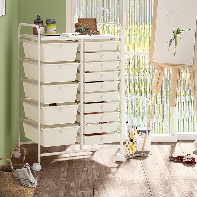 15 Drawer Rolling Storage Cart, Rolling Cart with Drawers for Classroom, Art Supply Craft Organizer on Wheel with Metal Frame & Handles for Home Office School