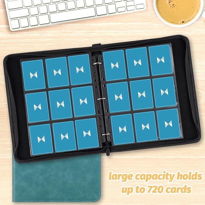 GERMUN 3 Ring 9 Pocket Zipper Card Binder, 720 Double Sided Standard PU Trading Card Album Folder for TCG & Sports Cards, Not Fit Top Loaders (Lake Blue)