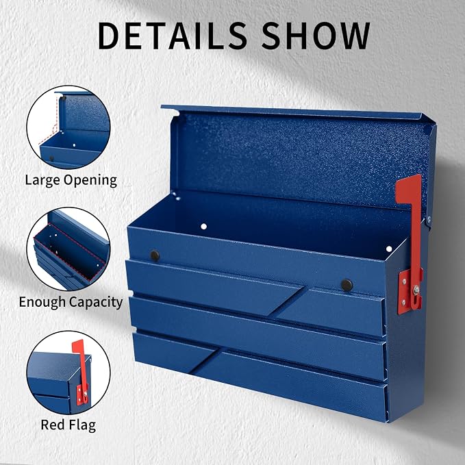 Wall Mount Mailbox for House Outside, Large Capacity Mailbox with Flag Drop Box, Galvanized Steel and Rust-Proof Metal Post Box, 15.74"x9.84"x4.33", Blue, MD065