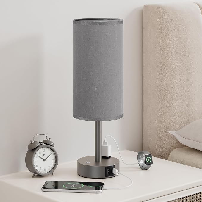 Grey Touch Bedside Lamp for Bedroom, Stepless Dimmable, USB A+C, AC Outlet | Base Touch Button Only, Memory Brightness, Ultra-dim Night Light, Included Bulb for Optimal Dimming, Grey Fabric Shade, Desk