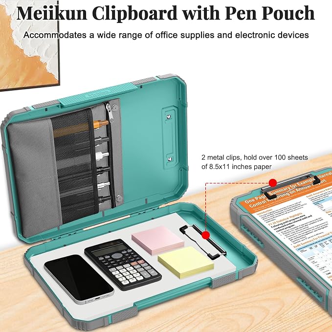 Meiikun Clipboard with Storage, Rugged Shockproof Protective, Internal Pen Pouch & Metal Clip, Heavy Duty Plastic Clip Boards 8.5x11, High Capacity Contractor Folder for School Office (Light Green)