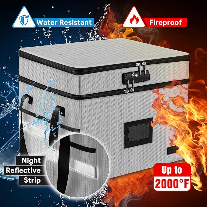 Fireproof File Oganizer with Lock, 2 Layer Fireproof Document Box Storage | Portable File Cabinet Storage Box with 5 Tab Inserts & Handle for Hanging Letter, Legal Size Folder, Certificate