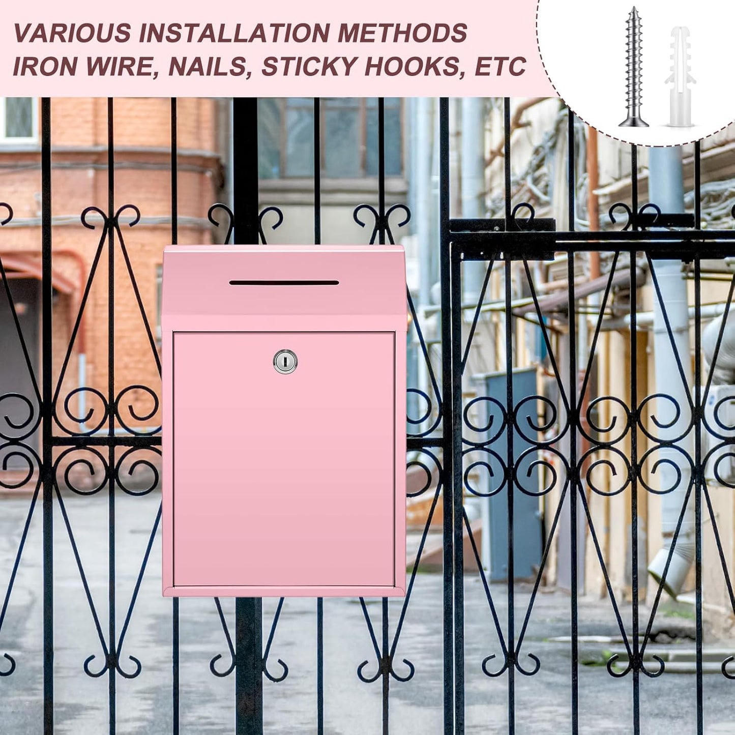 Metal Donation Cash Box Collection Safe Suggestion Box with Lock Wall Mounted Mailbox Delivery Ballot Container for Home Office Outdoor Door(Pink,11.8 x 8.6 x 4.7 Inch)
