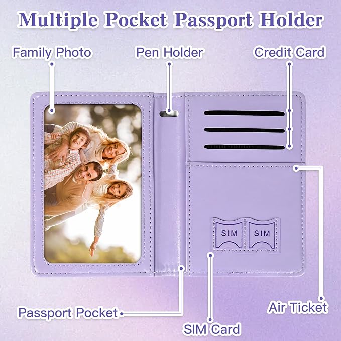 Passport Holder for Travel, RFID Blocking Passport Cover with Pen Holder Leather Passport Wallet Case Travel Must Haves Accessories Passport Book Card Holder for Family Travel Essentials Gifts, Purple
