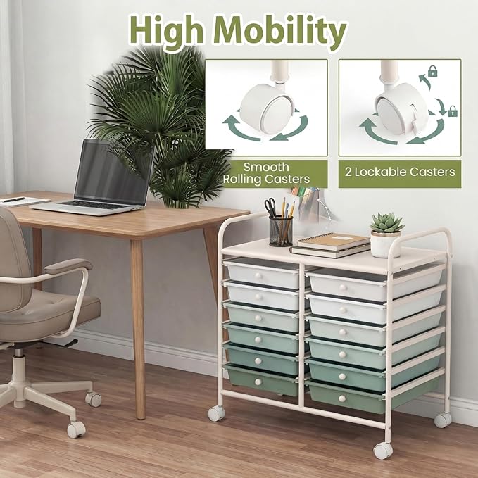 COSTWAY 12-Drawer Rolling Storage Cart, Utility Storage Organizer Cart | For Tools, Scrapbook, Paper, Craft, Multipurpose Art Supply on Wheels for Home Office School, Teacher, Green Gradient