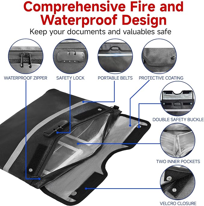 Upgraded 6500°F Fireproof Document Bag with Lock, Waterproof 9-Layer Heat Insulated | Dual-Liner Card Slot Money Bag with Zipper/Reflective Strip for Passport, Important Paper, Cash(15 x 12In)