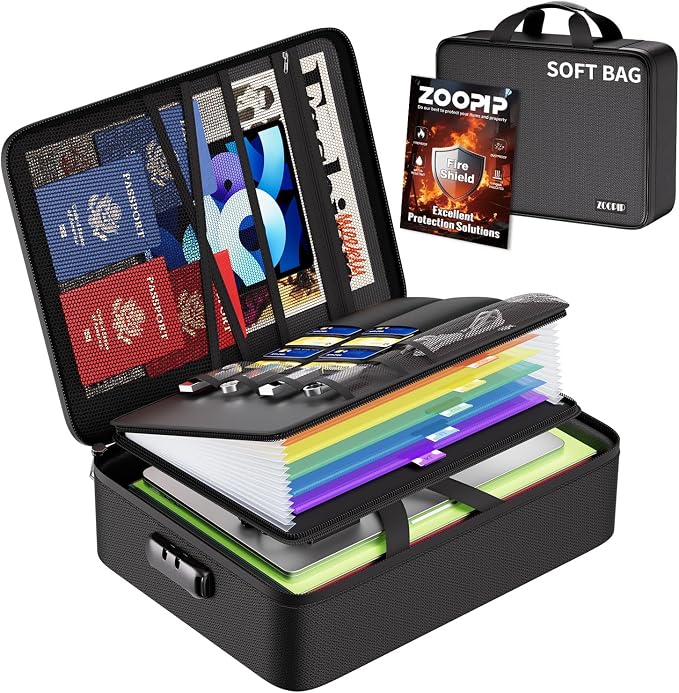 Fireproof Document Bag with Lock, Soft-Shell File Organizer, Black | Water-Resistant Zipper, Multi-Pocket Design, Portable Storage for Laptops, Passports, Certificates, Important Paperwork
