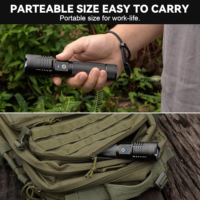 Kmivo Rechargeable LED Flashlight, 100,000 High Lumens Super Bright Tactical Flashlight, 5 Modes Adjustable Focus, Waterproof Powerful Handheld Flash Light for Camping Home Emergency (2 Pack)