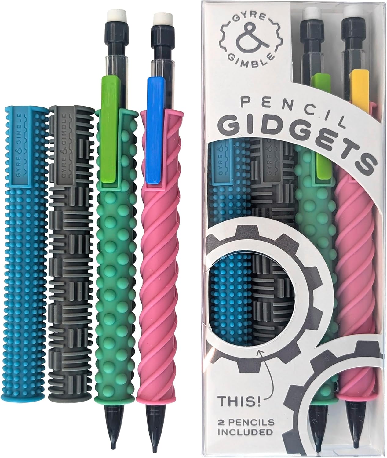 Gyre & Gimble Pencil Gidgets – Textured Silicone Pencil Sleeve for Quiet Fidgeting – Transform Your Mechanical Pencil into a Sensory ADHD Tool for Kids and Adults – 4 Sleeves & 2 Pencils