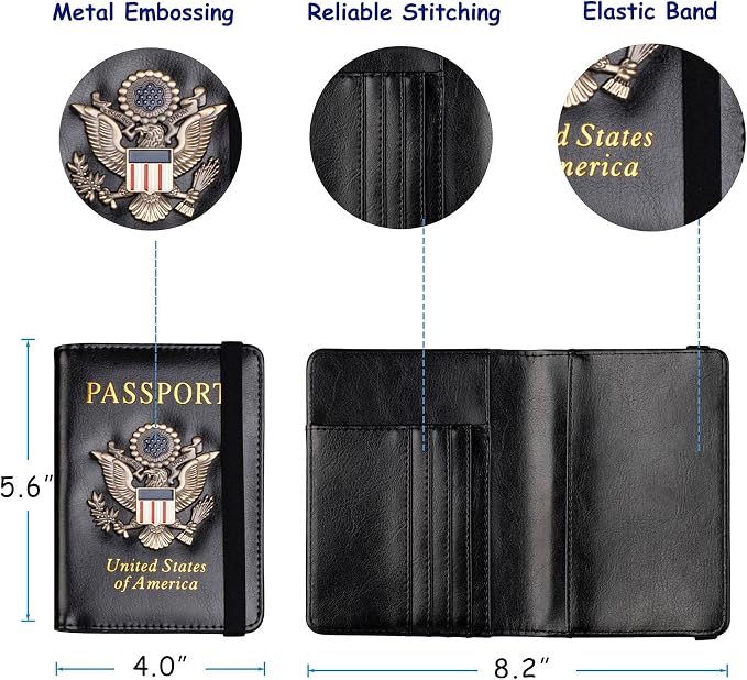TOURSUIT RFID Blocking Passport Holder, Leather Travel Wallet, Black | Travel Document Holder Cover Accessories, 3D Metal Badge, For Women Men