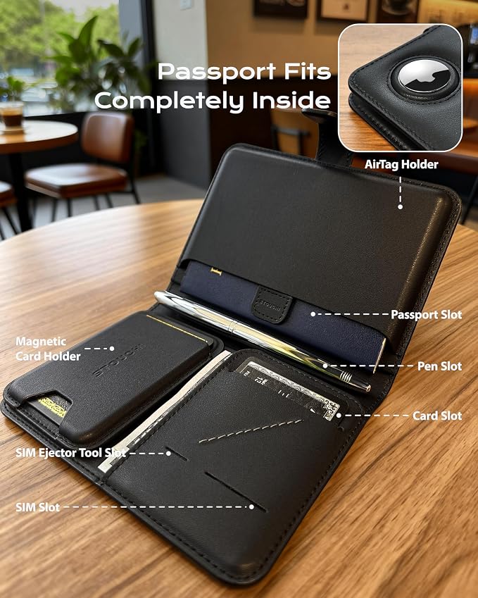 Stouchi AirTag Passport Holder with Pull Strap, RFID Blocking Magnetic Case | Patented 1-sec Pull Strap; Detachable Magnetic Card Wallet; Zero-rattle AirTag Slot; Certified RFID Blocking; Ultra-slim