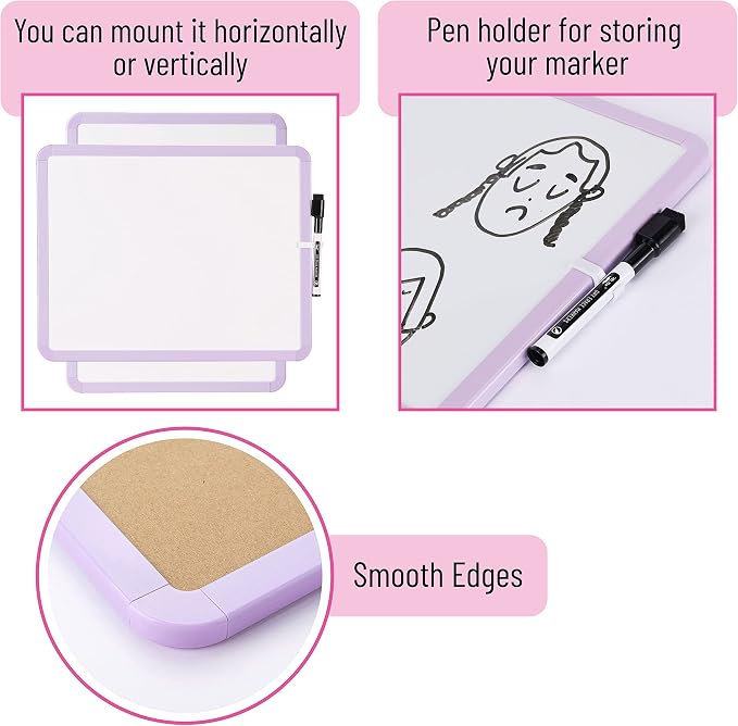 Mr. Pen- Dry Erase Board, 14” x 11” with a Black Dry Erase Marker | Purple Frame, Small Mini White Board for Students, Fridge, Wall, Locker, Includes Double Sided Tapes