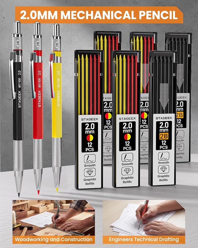 STAGEEK 49 Pack Carpenter Pencils Set With 164 Refills | Construction Pencil, Deep Hole Long-Nib Marker Pens, Automatic Center Punch and Carbide Scribe Tool for Woodworking with Case