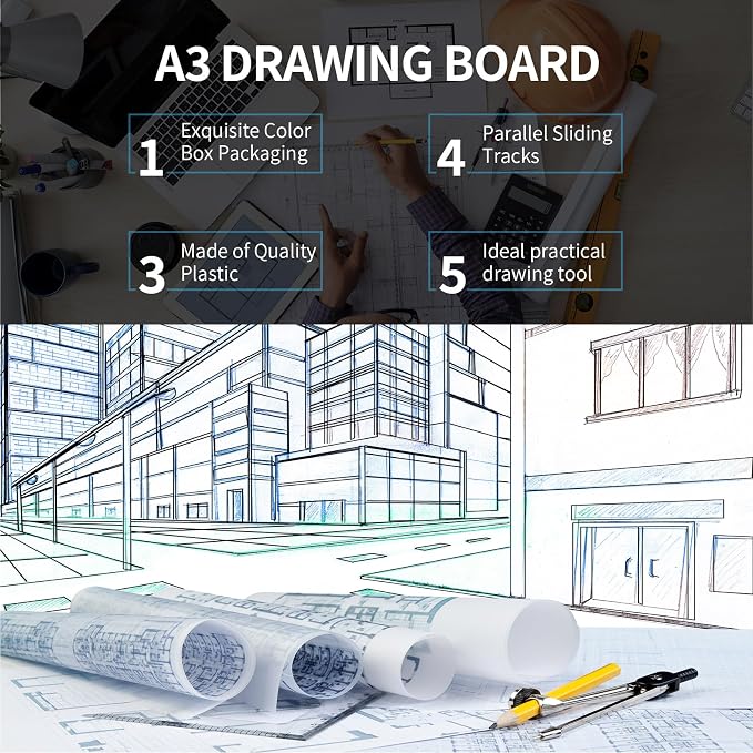 Zonon A4 Portable Drawing Board, Multi-Function Metric Drafting Table Drafting Board with Clear Rule Parallel Motion and Angle Adjustable Measuring System