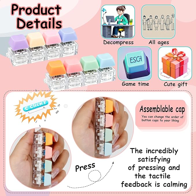 2 PCS Keyboard Fidget Toy, Keyboard Fidget Keychain 4-in-1 Keyboard Decompression Button Finger Clicker Toys, Button Stress Relief Fidget Gifts to Relief Stress (Purple Blue Pink Orange)