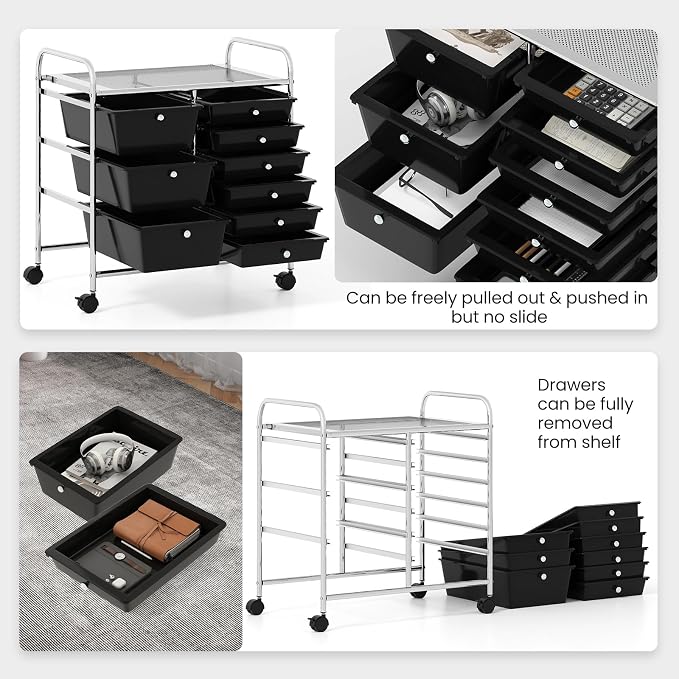 COSTWAY Rolling Storage Cart with 9 Drawer, Utility Cart with Metal Frame | Mobile Art Supply Craft Organizer, Multipurpose Storage Organizer for Paper, Office, School Teacher, Classroom, Black