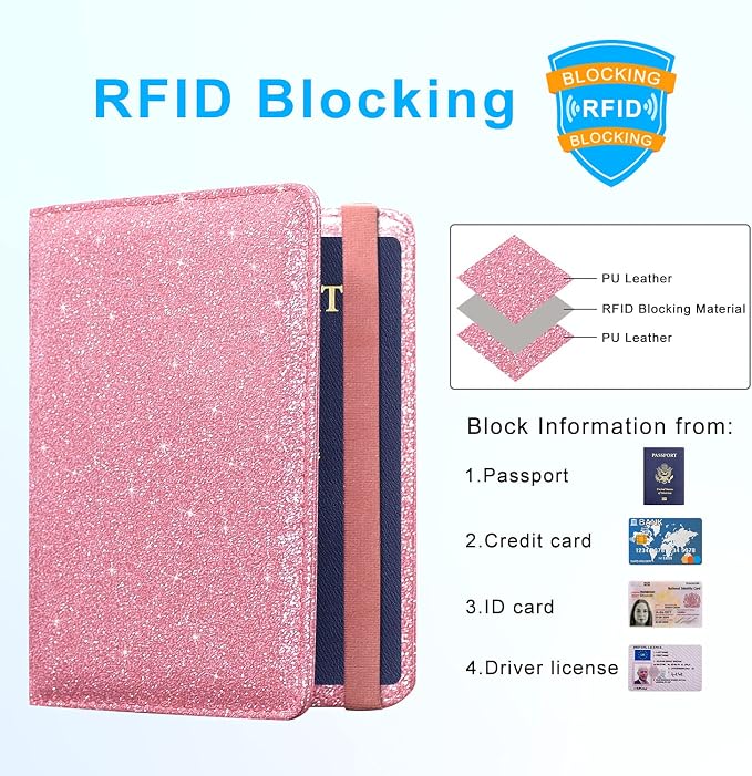 ACdream Passport Holder Cover, Leather Travel Wallet Case, RFID Blocking Document Organizer Protecrtor, with Slots for Credit Cards, Boarding Pass, for Women and Men, Glitter Pink