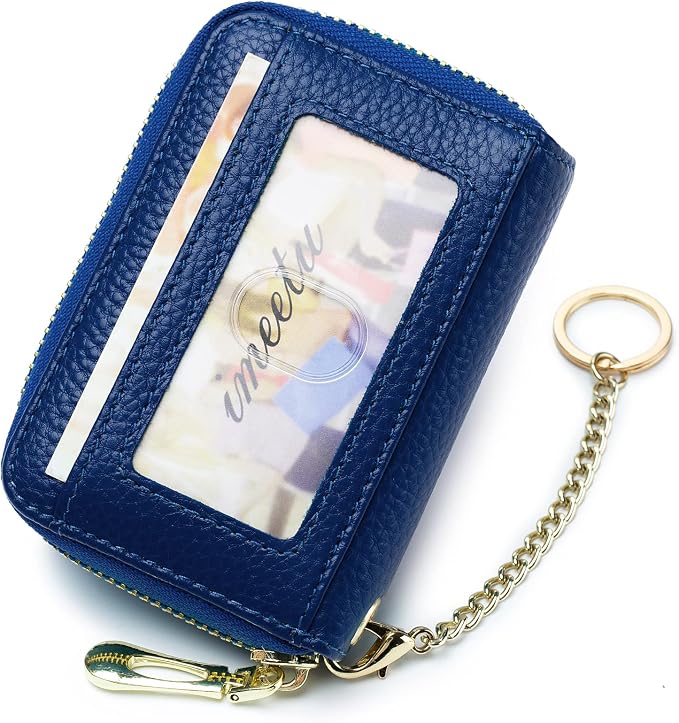 imeetu RFID Credit Card Holder, Small Card Wallet Women, Leather Card Case | Genuine Leather Women's Card & id Cases, Change Coin Purse with Zipper Keychain id Window, 20 Colors & 3 Styles, Daily, Gifts