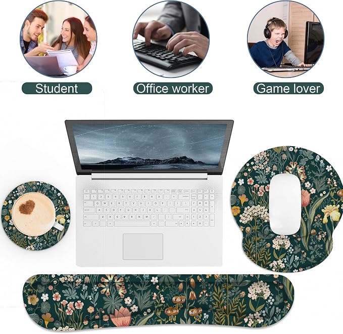 Ergonomic Mouse Pad with Wrist Rest and Keyboard Wrist Rest, Mousepad | Memory Foam Wrist Rest for Computer Keyboard, Pain Relief, Non-Slip Base, Mouse Pad Wrist Support for Gaming, Green Flowers