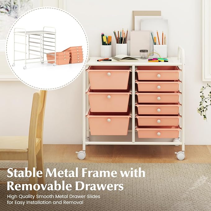 RELAX4LIFE 9 Drawer Rolling Storage Cart - Mobile Drawer Carts for Craft Art Supply Paper Salon, Utility Cart on Wheels for Classroom Teacher School Office, Rolling Cart with Drawers (Pink)