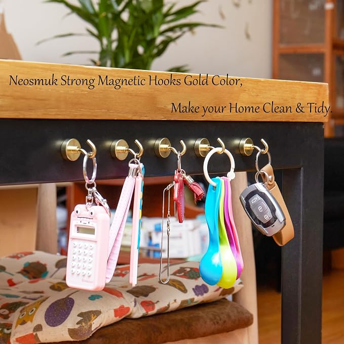 Neosmuk Magnetic Hooks, Heavy Duty 40lb+ Strong Magnet Hook for Cruise Cabins, Cruise Essentials 2026 for Hanging, Metal Wall Refrigerator Hangers (Gold, 10 Pack)