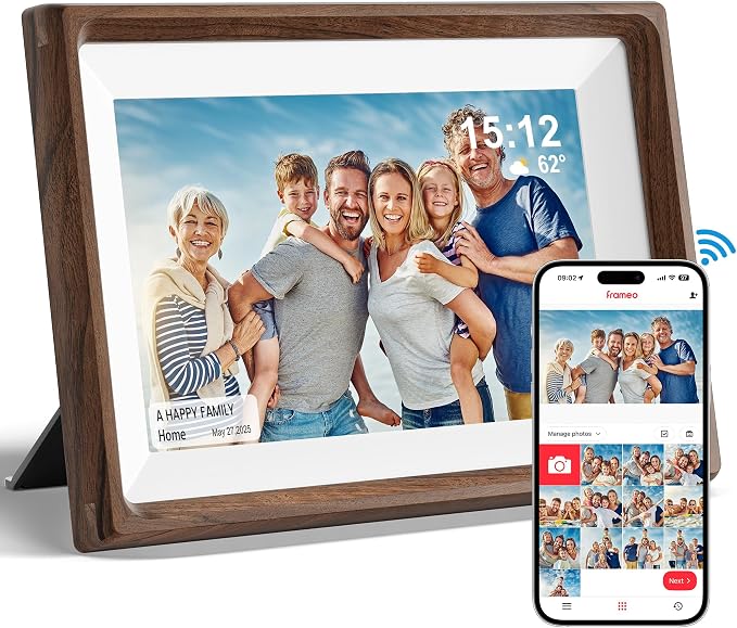 Frameo 10.1" Smart Digital Picture Frame with Walnut Moulding, 16:9 1280p HD IPS Touchscreen Display, 32GB Storage, MicroSD Slot, Plug-in Power, Easy Wireless Photo & Video Sharing, Idea