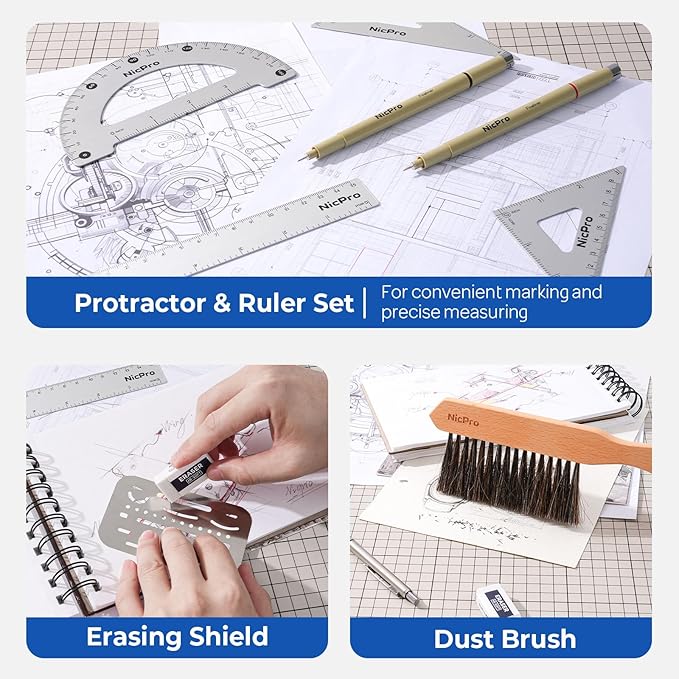 Nicpro 21PCS Professional Drafting Tools & Geometry Set with Case, Architect Compass & Protractor Set, Metal Pencils, Pens, Scale Ruler Metal Ruler, 5 Drawing Templates for Interior House Plan Design