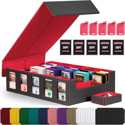 Trading Card Storage Box with Commander Display , 5-Row Deck Case with Removable Lid; 3900+ Card Deck Box for MTG TCG Sports Card, 5 Top Loaders, 5 Stoppers, 48 Dividers,1 Dice Tray (Black Red)