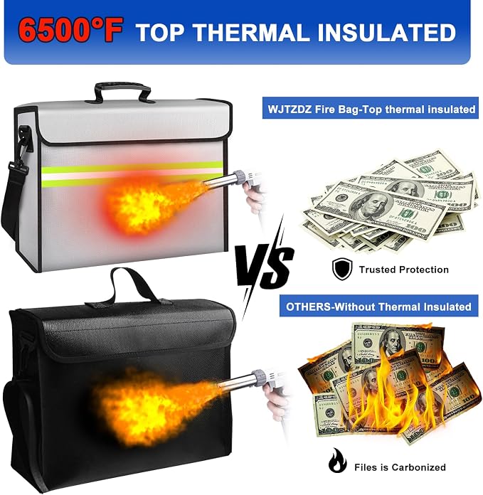 6500°F Large Fireproof Document Bag with Lock/Removable Folder Layers/Small Fireproof Money Bag,10 Layers Heat Insulated,Portable Home Travel Safe Storage for Files(16.5x12.4x5.5 inches)